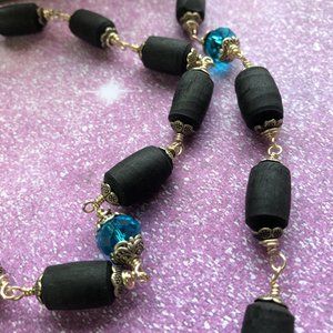 39" black Tulasi with teal crystal glass beads